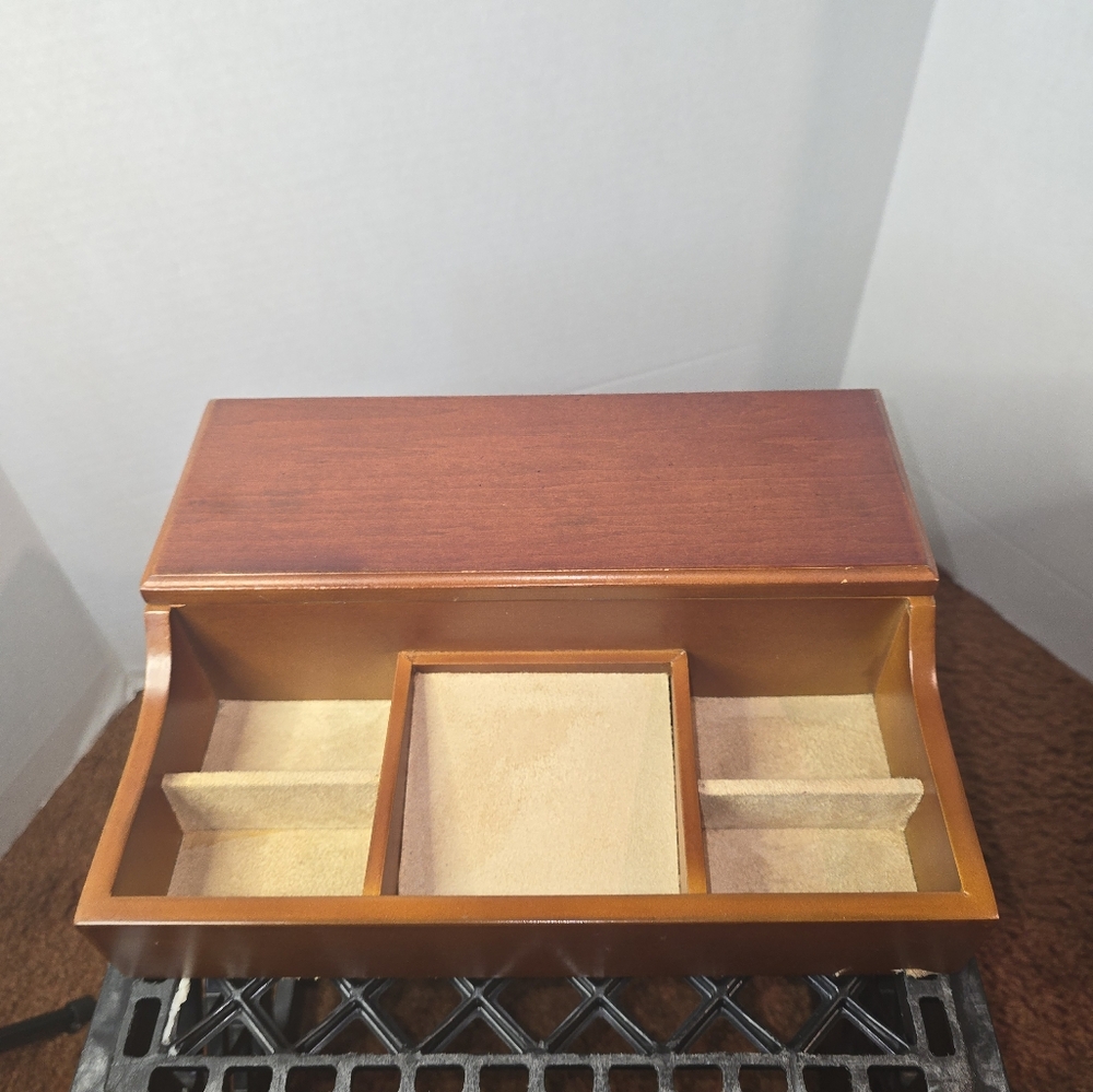 Wooden valet tray with dividers and velvet lining